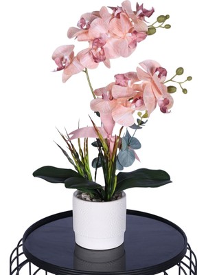 Yapay Çiçek Sitesi Dekoratif Beton Saksıda Yapay 2 Dal Orkide Çiçeği Somon