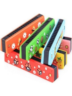 Marsilyan 2 Adet Ahşap Mızıka 16 Delikli Çift Sıralı Renkli Desenli Çocuk Mızıka