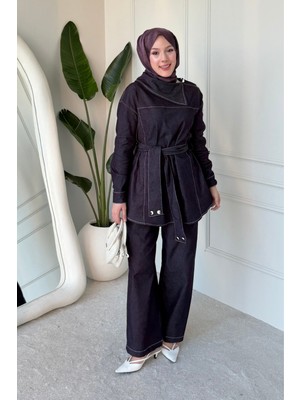 Tesettür Diyarı Imera Çıtçıtlı Kuşaklı Denim Kumaş Tesettür Takım- Mürdüm