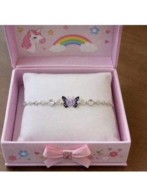 miraç gümüş takı atölyem 925 Ayar Gümüş Mineli Kelebek Detaylı Kız Çocuk Bileklik