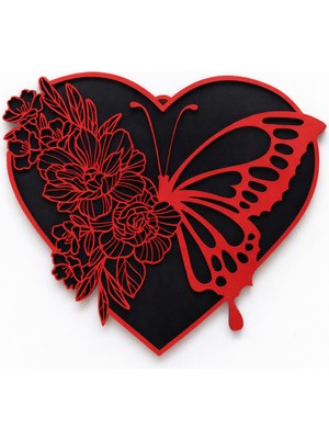 Lotus Kelebek ve Çiçek Detaylı Kalp Formlu Katmanlı Sevgililer Günü  30 cm Ahşap Duvar Dekoru