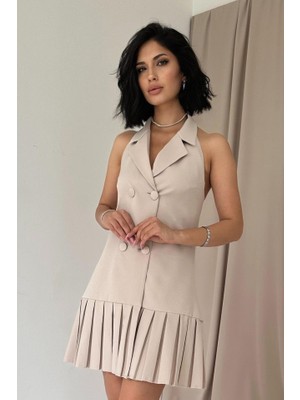 Drgy Bej Sırtı Açık Ceket Yakalı Elbise