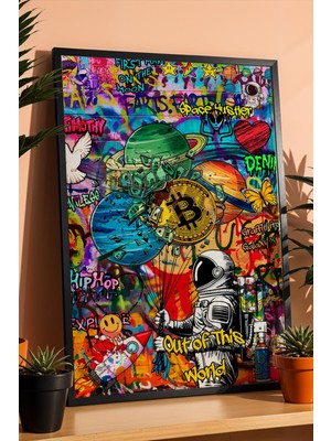 Satürn Design Astronot Gezegenler Bitcoin Çerçeveli Tablo Kripto Yatırımcıları ve Borsacılara Özel Hediye Street Art