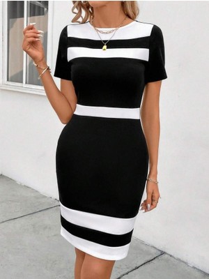 Drgy Kadın Kısa Kollu Bisiklet Yaka Çift Renkli Ithal Krep Elbise