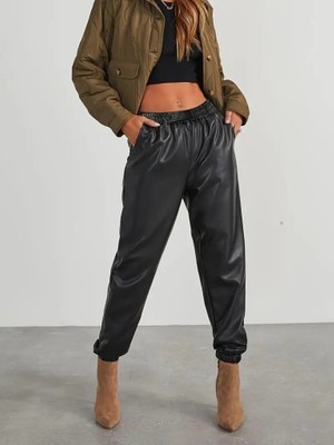 Drgy Kadın Yüksek Bel Lastikli Önü Düğmeli Deri Pantolon