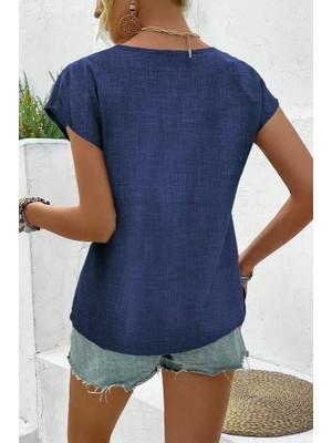 Drgy Kadın Kısa Kollu V Yakalı Düğmeli Keten Bluz