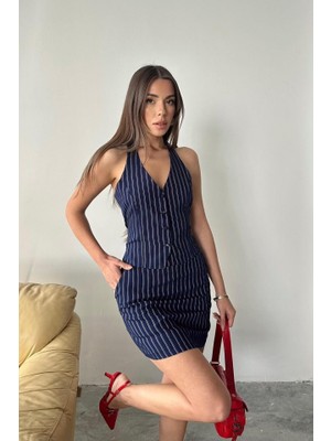 Drgy Lacivert Çizgili Yelek ve Etek Takım