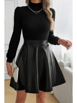 Drgy Kadın Uzun Kollu Balıkçı Yaka Üst Kaşkorse Alt Deri Detaylı Mini Elbise