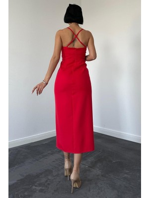 Drgy Kırmızı Sırt Dekolteli Elbise