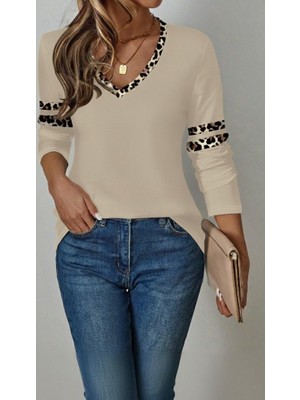 Drgy Kadın Uzun Kollu V Yakalı Leopar Desenli Viskon Iki Iplik Bluz