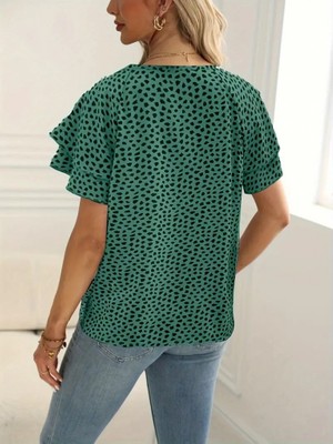 Drgy Kadın Kısa Kollu Kolları Volanlı Baskılı Süprem Bluz