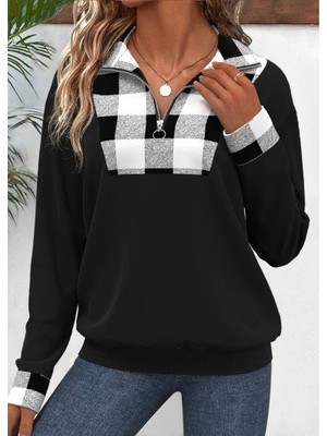 Drgy Kadın Uzun Kollu Yakalı Önden Fermuarlı Ekose Detaylı Viskon Iki Iplik Bluz