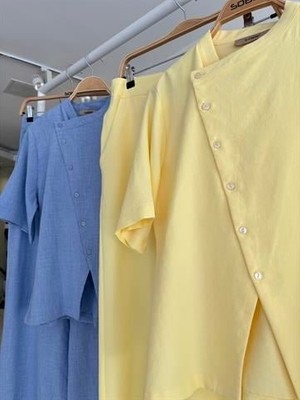 Drgy Hakim Yaka Çapraz Düğmeli Plazzo Pantolon Viscon Keten Takım 10209