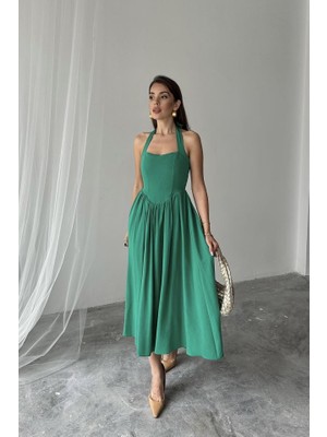 Drgy Yeşil Boyundan Bağlamalı Keten Elbise