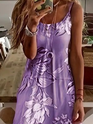 Drgy Kadın Askılı Yuvarlak Yaka Etek Geniş Kesim Desenli Süprem Elbise