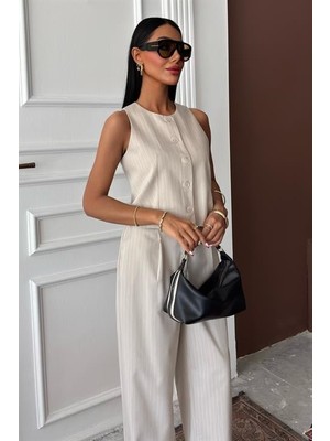 Drgy Yelek Plazzo Pantolon Çizgili Flamlı Poliviscon Takım 10178