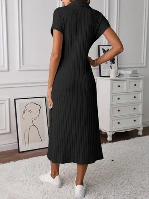 Drgy Kadın Kısa Kollu Yakalı Yandan Yırtmaçlı Kalın Fitilli Kaşkorse Elbise