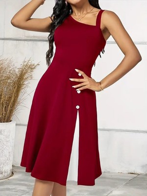 Drgy Kadın Tek Omuzu Şerit Detaylı Kolsuz Yandan Düğme Detaylı Janjan Krep Elbise