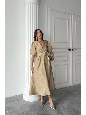 Drgy Gold Işıltılı Kemerli Kruvaze Elbise