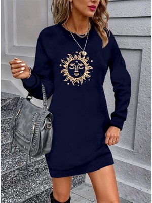 Drgy Kadın Uzun Kollu Bisiklet Yaka Güneş Desenli Viskon Iki Iplik Elbise