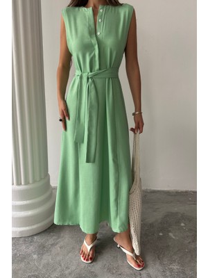 Drgy Keten Elbise Kolsuz Bel Bağlamalı Maxi Elbise - Yeşil