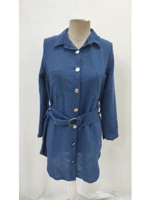 Drgy Kadın Uzun Kollu Yakalı Önden Düğmeli Beli Kuşaklı Mini Ithal Keten Elbise