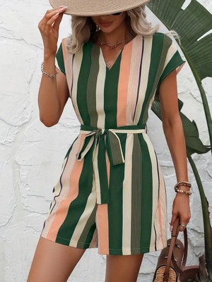 Drgy Kadın Kısa Kollu V Yakalı Beli Kuşaklı Keten Tulum