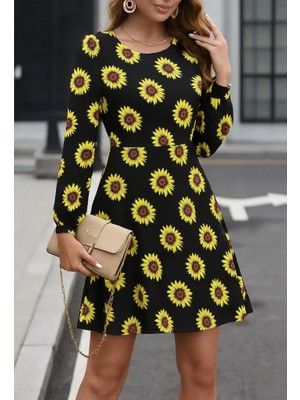 Drgy Kadın Uzun Kollu Bisiklet Yaka Desenli Kısa Krep Elbise