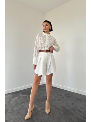 Drgy Ekru Dantelli Gömlek ve Ponpolu Şort Takım