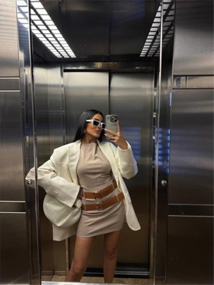 Drgy Polyviscon Çift Kemer Detaylı Elbise - Bej