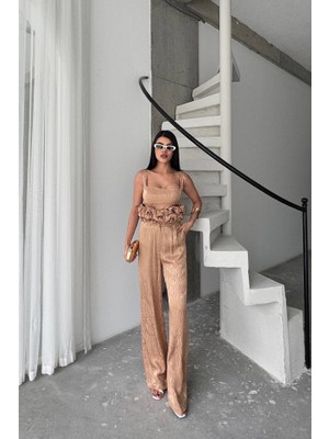 Drgy Jakarjakarlı Bluzu Tasarım Detaylı Ceket-Pantolon-Bluz 3 Lü Takım - Bej