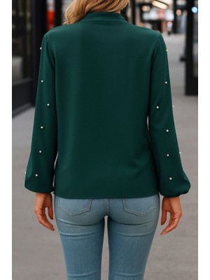 Drgy Kadın Uzun Kollu Yakadan Fiyonklu Incili Ithal Krep Bluz