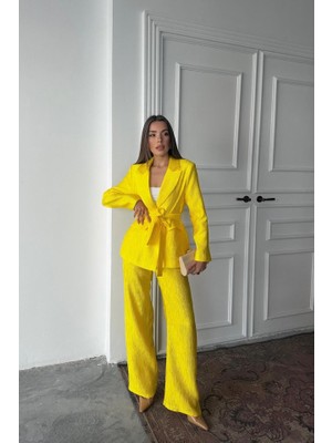 Drgy Neon Beli Kuşaklı Ceket ve Pantolon Parlak Takım