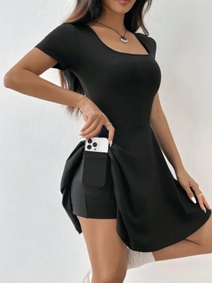 Drgy Kadın Kısa Kollu Kare Yaka Short Detaylı Cepli Dalgıç Elbise