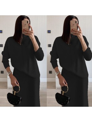 Drgy Kadın Uzun Kollu Boğazlı Kazak ve Yanı Yırtmaçlı Etek Akrilik Ikili Takım