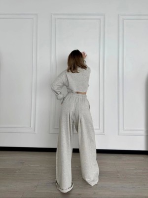 Drgy Uzun Kollu Önü Ip Büzgülü  Crop ve Pantolon Ikili Takım - Gri