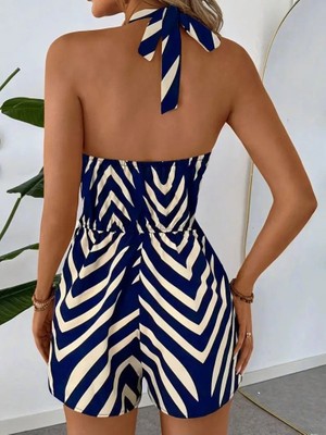 Drgy Kadın Boyundan Askılı Halter Yakalı Desenli Süprem Tulum