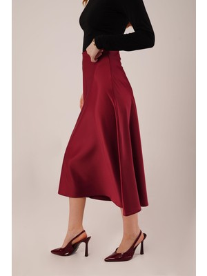 Drgy Çan Kesim Midi Bordo Saten Etek