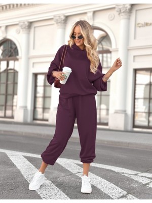 Drgy Kadın Uzun Kollu Kapşonlu Viskon Iki Iplik Bluz ve Pantolon Ikili Takım