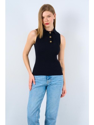 Drgy Patlı Düğmeli Triko Atlet - Siyah