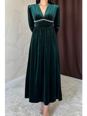 Drgy Zümrüt Göğüs Altı Taşlı Elbise