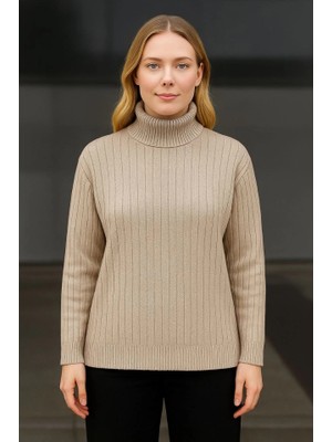 Drgy Balıkcı Yaka Bağazlı Triko Kazak Pamuklu Kalın Fitilli Dokuma - Bej