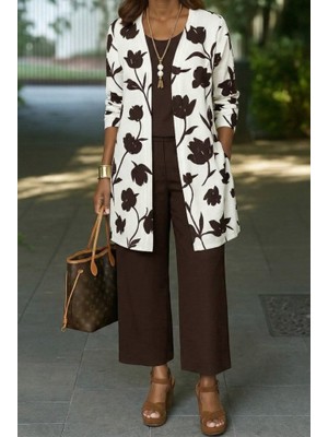 Drgy Kadın Uzun Kollu Önü Açık Modal Ceket Kolsuz Viskon Iki Iplik Bluz ve Pantolon Üçlü Takım