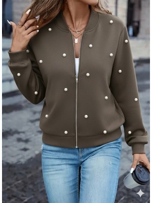 Drgy Kadın Uzun Kollu Önden Fermuarlı Incili Kısa Modal Ceket