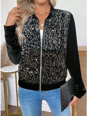 Drgy Kadın Uzun Kollu Önü Açık Fermuarlı Pulpayetli Kadife Ceket