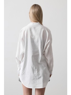 Drgy Çizgili Uzun Kol Gömlek - Beyaz
