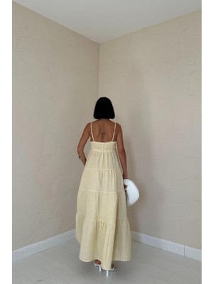 Drgy Sarı Askılı Parçalı Çizgili Müslin Elbise