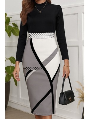 Drgy Kadın Uzun Kollu Balıkçı Yaka Dalgıç Midi Boy Elbise