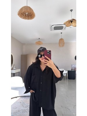 Drgy Kadın Flamlı Keten Tek Cep Oversızed Gömlek