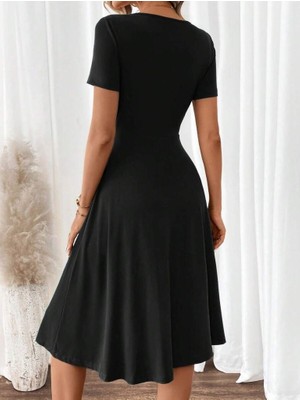 Drgy Kadın Kısa Kollu V Yakalı Önden Düğmeli A Kesim Dokuma Elbise